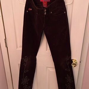 Vintage Y2K brown flare corduroy pants with floral embroidery